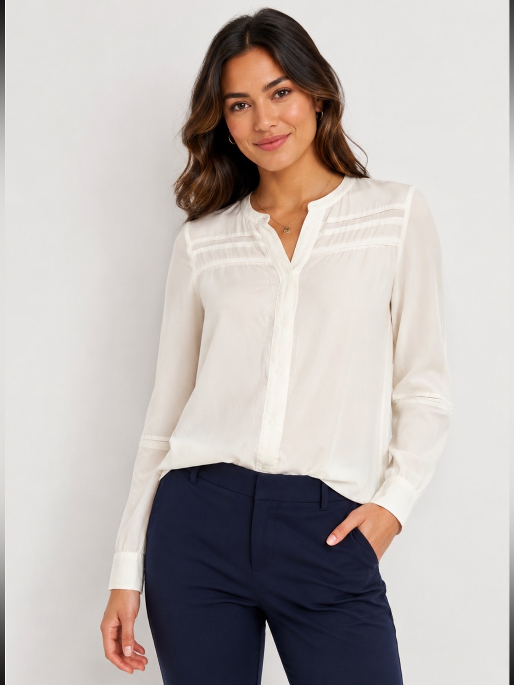 Ann Taylor Ivory Blouse Long Sleeve Pleated Front Top Workwear Elegant - Size S